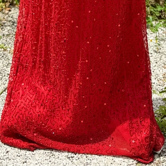 Y2K Scala Red Sequin & Beaded Floor Length Silk Open-back Prom Dress Size S - Picture 12 of 12